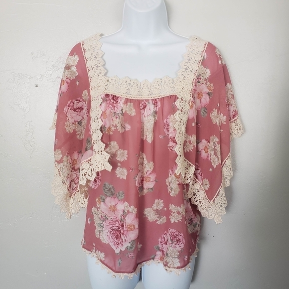 E Anthropologie XS Mauve Pink Floral Short Sleeve Blouse Crochet Lace Nella Top - Picture 1 of 7